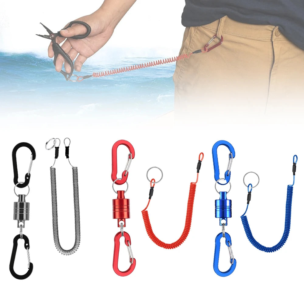 Fishing MRC Magnetic Release Clip Net Holder with Fishing Tool Coiled Lanyard 1.5m Black