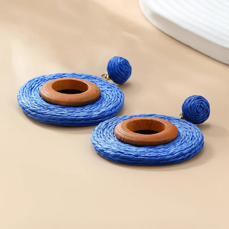 Hemasa Long Drop Raffia Wood Dangle Post Earrings For Women/ Multi Color Trendy New Style Fashion Jewelry