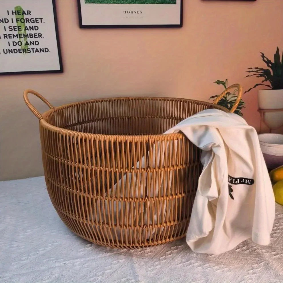 Farmhouse Style Laundry Hamper - Large Rattan Basket, Sturdy & Durable. Perfect for Bathroom, Bedroom, Kitchen Storage.