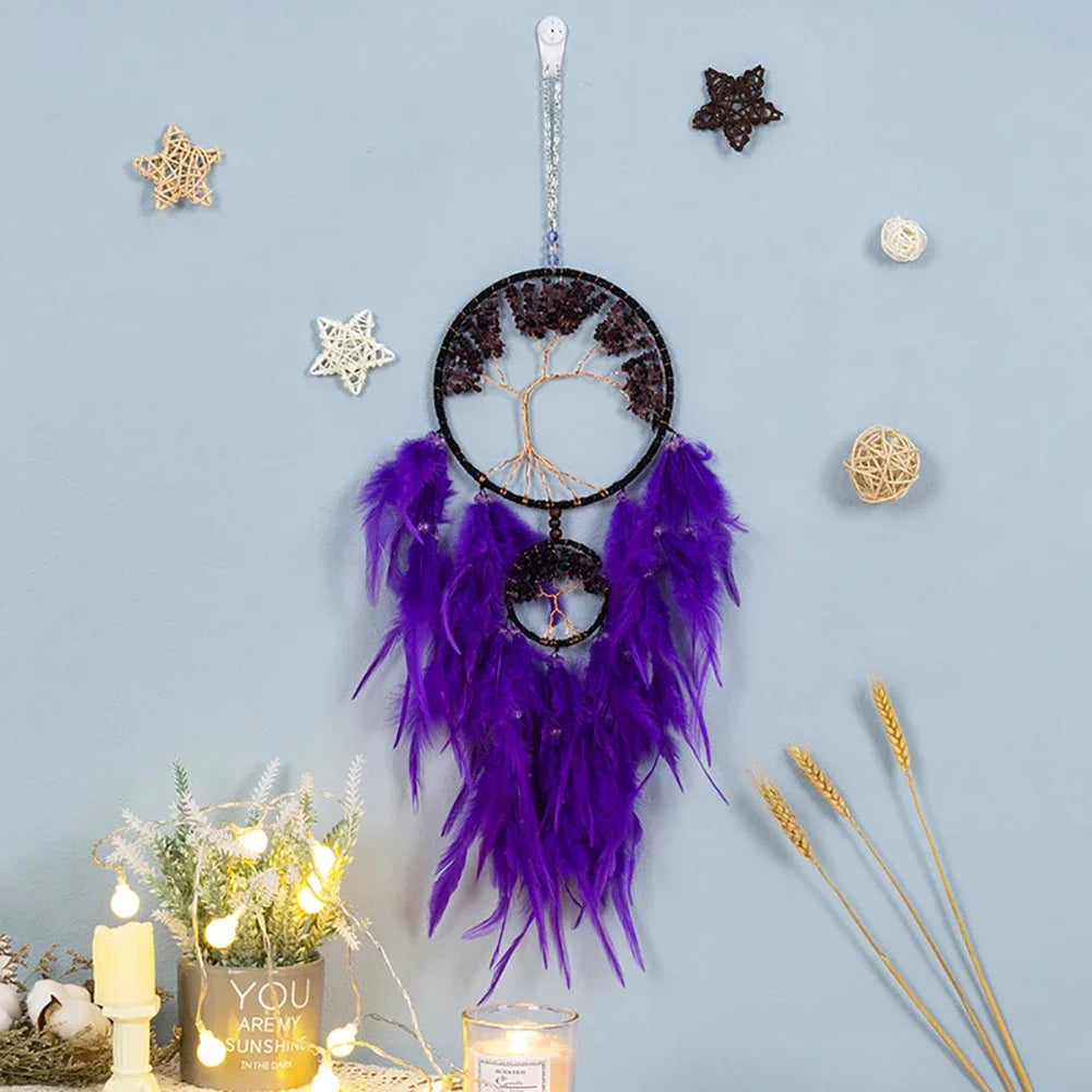Tejesa Purple Dream Catcher   with Healing Crystal Stones /Feather Dual Tree of Life Hanging Ornament for Home/ Bedroom /Party/ Gift