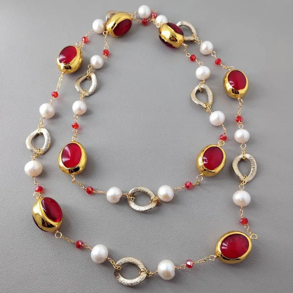 yygem 22x27mm Cultured White Pearl Red Quartz Chain Long Station Necklace Handmade