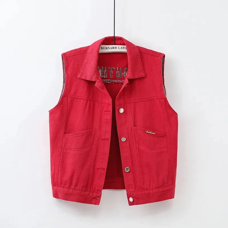 Hemasa New Colored Denim Vest Women Short Slim Embroidered Sleeveless Jacket Cardigan Tops Spring Pink Jeans Vest Female Waistcoat