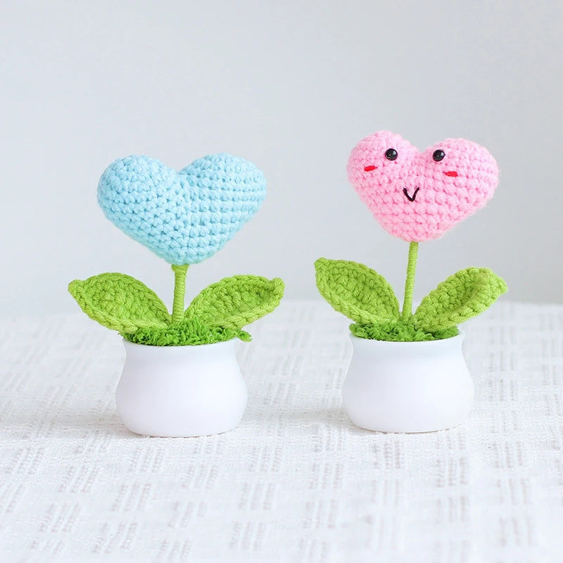 Hemasa Heart Shape Knitted Flowers Potted Colourful Crochet Plant Wedding Gift Creative Artificial Flower Car Desktable Decor