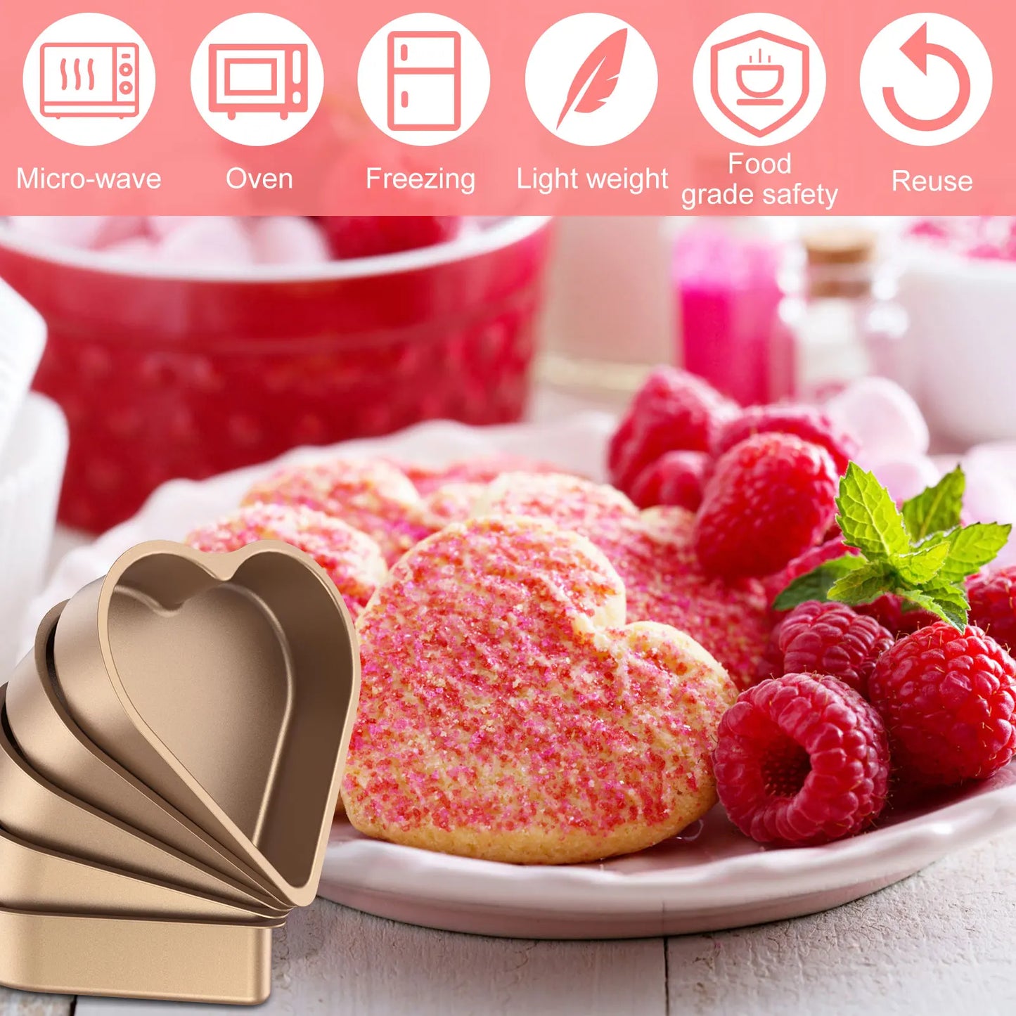 Tejesa 5Pcs Mini Cake Mould Heart Shaped Cake Pan Non-Stick Pudding Cake Cup Reusable Mousse Pastry Baking Mold For Kitchen Bakeware