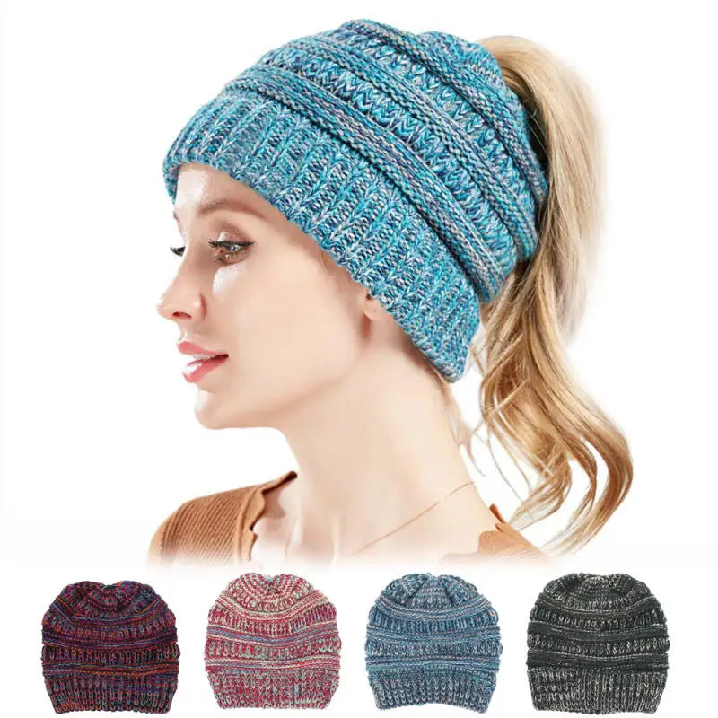 Tejesa Mixed color knitted woolen hat, women's ponytail hat, warm hat, toe cover, ear protection hat, hot selling