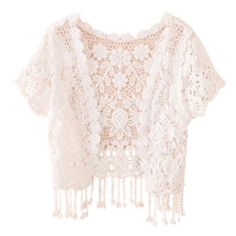 Womens Summer Short Sleeve Tassels Lace Cardigan Floral Crochet Beach Cover Up Shrugs Open Front Crop Jackets N7YD