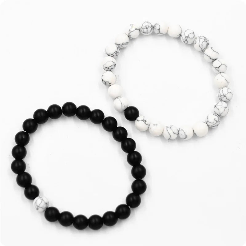 Black Matte White Line Turquoise Pink Pine Couple Set Bracelet Hot Selling Natural Stone Jewelry Beaded Bracelet For  Lovers