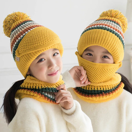 3-10 Years Old Fleece Lined Winter Hats for Girls Knit Beanie Cap Scarf Mask Set Warm Soft Slouchy Skull Cap Snood with Pom Pom