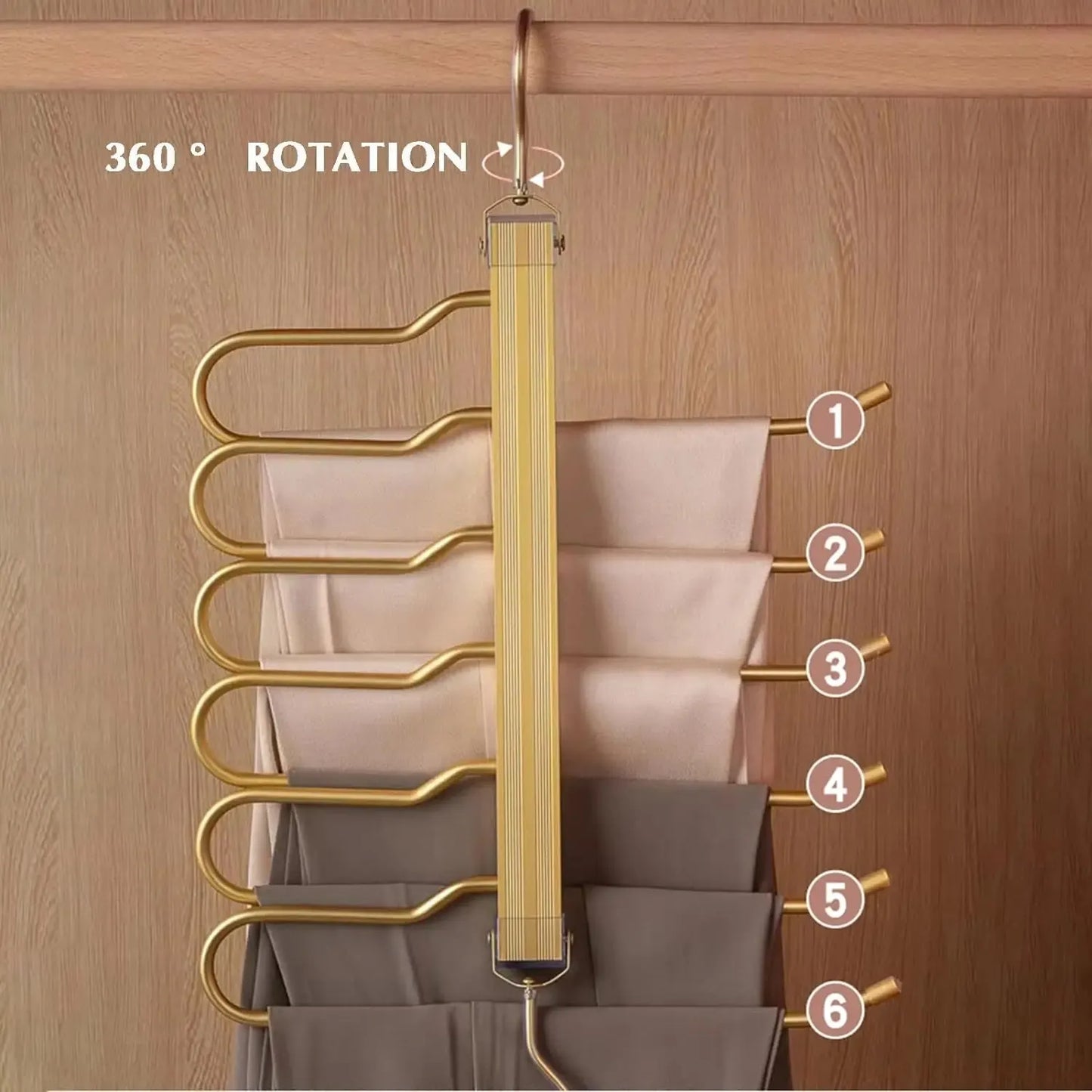 Tejesa 6 Tier Trouser Hangers Space Saving Foldable Holder Multi Organiser Rack Non-Slip Wardrobe Storage with Hooks for Pant Towels