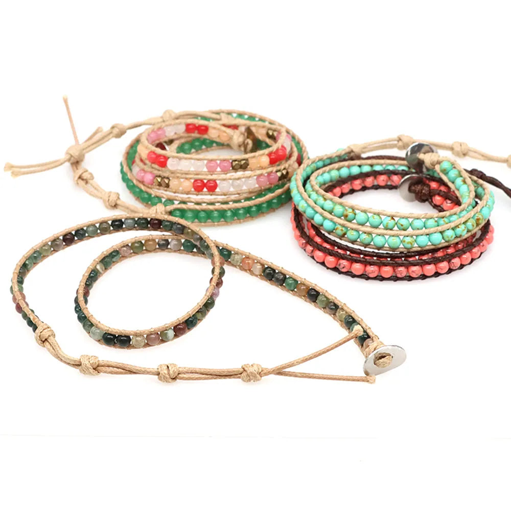 Green Turquoises Beads Bohemian Bracelets Crystal Gems for Women Men 2 Strands Multilayer Wrap Handmade Braided Charming Jewelry