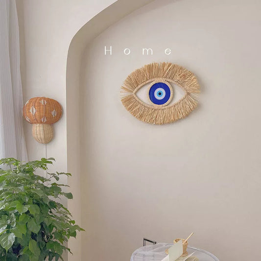 Moroccan Handwoven Devil's Eye Wall Decor Wood Beads Straw Woven Living Room Sofa Background Entryway Wall Hanging Decoration
