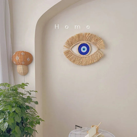 Moroccan Handwoven Devil's Eye Wall Decor Wood Beads Straw Woven Living Room Sofa Background Entryway Wall Hanging Decoration