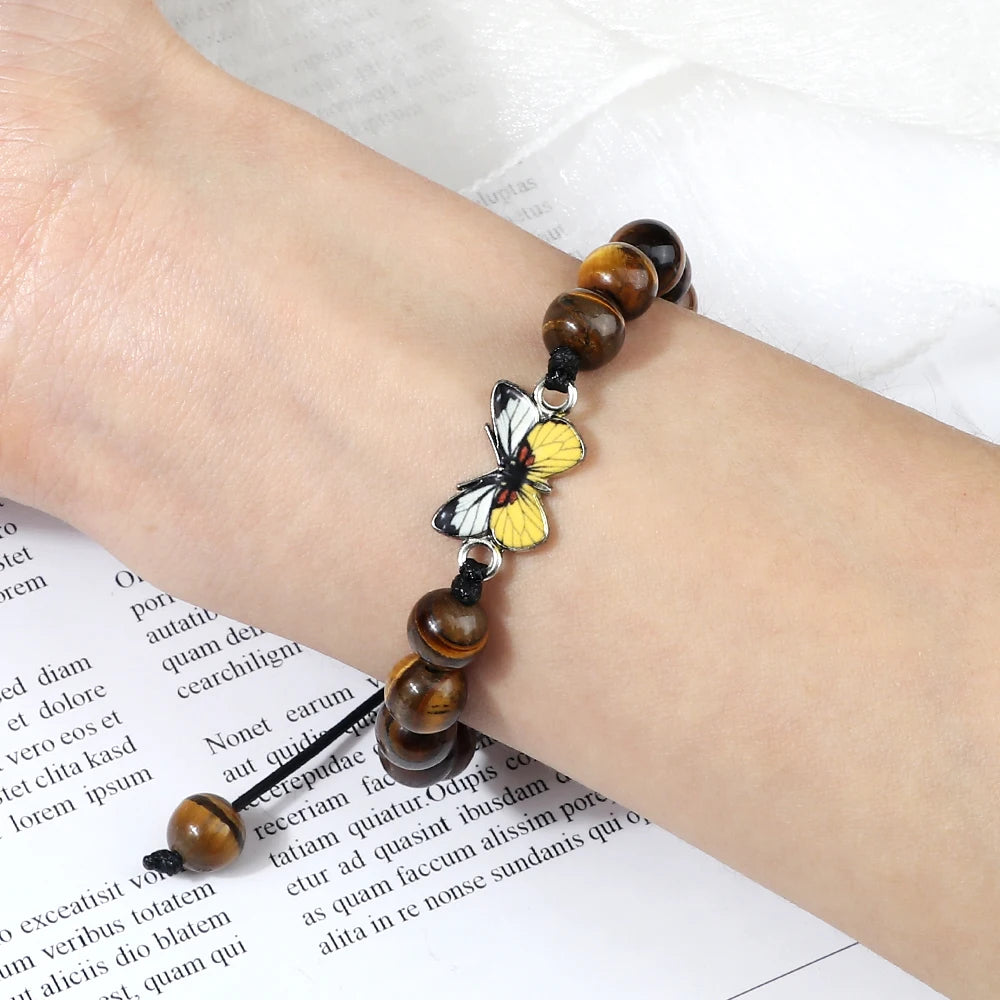 Charm Yellow Butterfly Bracelets Handamde Natural Stone Black Lava Agates Beads Yoga Bracelet Adjustable Bangles Couple Jewelry