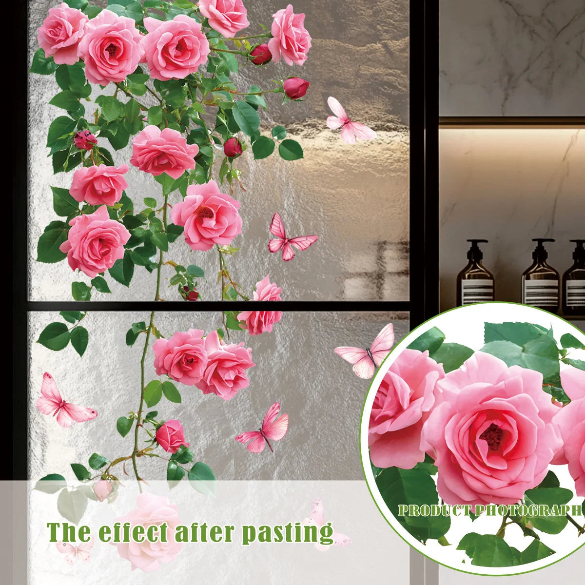 Tejesa Flower Vine Window Decal Pink Rose and Butterfly Design Bathroom Living Room Bedroom Wall Sticker Glass Door Wall Decorat