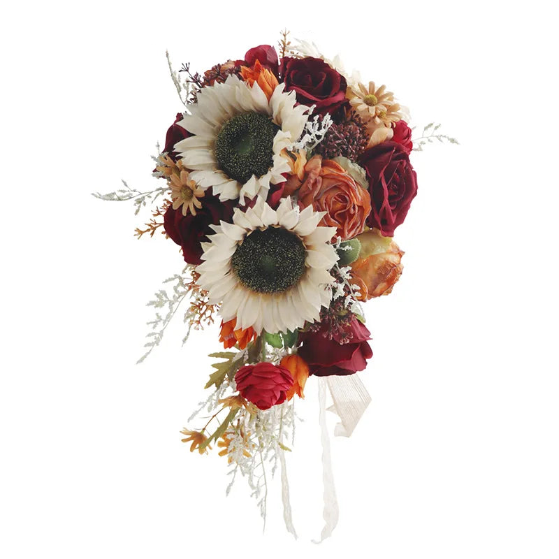 Tejesa Autumn Wedding Bouquet Vintage Terracotta Orange Sunflower Rose Bridal Cascading Bouquets for Fall Wedding Ceremony