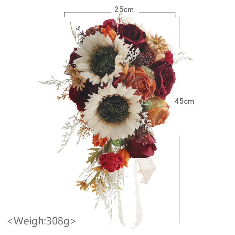 Tejesa Autumn Wedding Bouquet Vintage Terracotta Orange Sunflower Rose Bridal Cascading Bouquets for Fall Wedding Ceremony