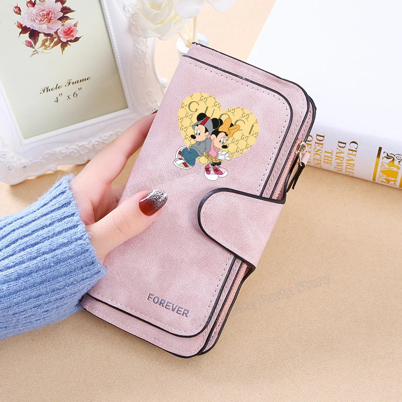 Mickey Minnie Mouse Pu Leather Wallet Women Zipper Frosted Coin Purse Ladies Credit ID Card Holder Disney Versatile Long Wallet