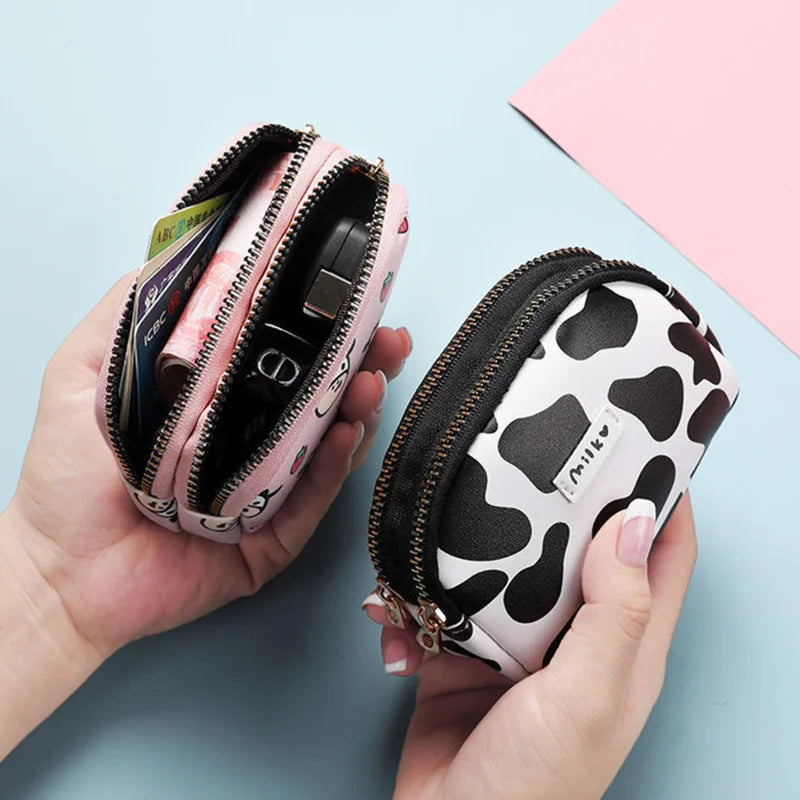 Cute Cow Pattern Coin Purse For Women Card Wallet Students Double Pocket Zipper Key Bag Portable Lipstick Bank Card Storage Bag