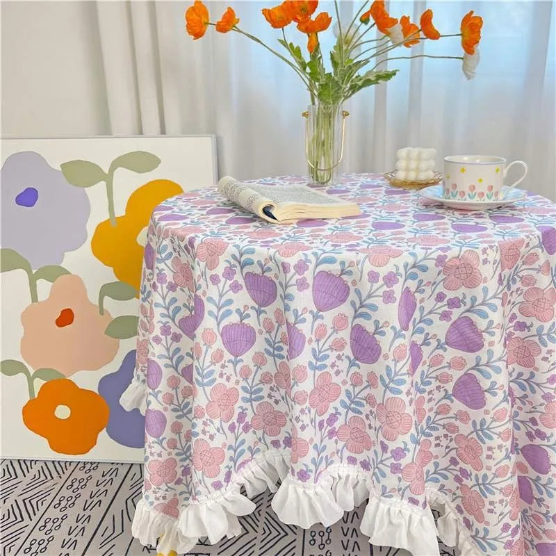 Korean Style Round Lattice Flower Tablecloth Floral Table Cloth for Dining Table Tea Coffee Table Cover Picnic Kitchen Decor