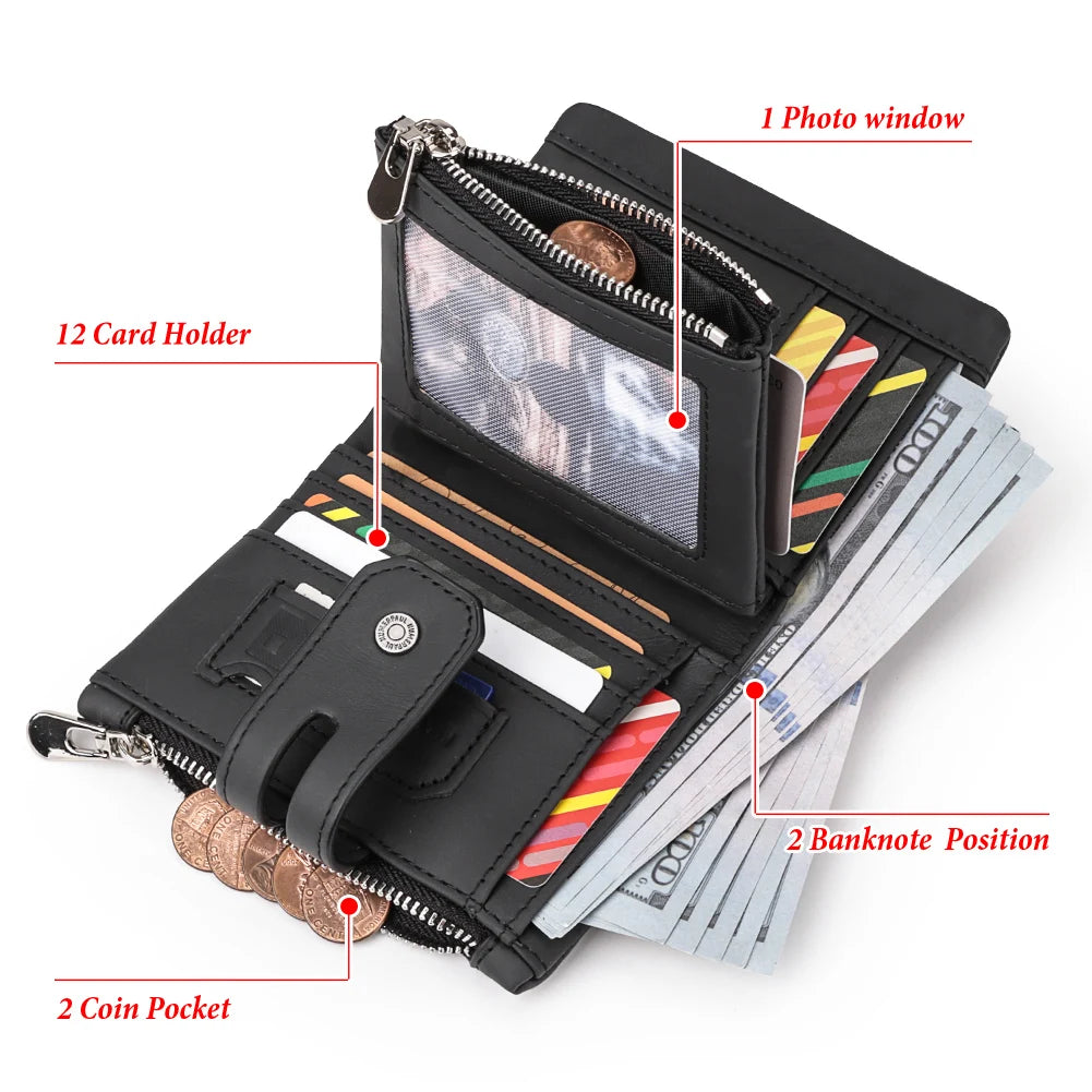 Genuine Leather RFID Men Wallet Business Credit Card Holders Double Zipper Coin Purse Chain PORTFOLIO Portomonee Male Carteira