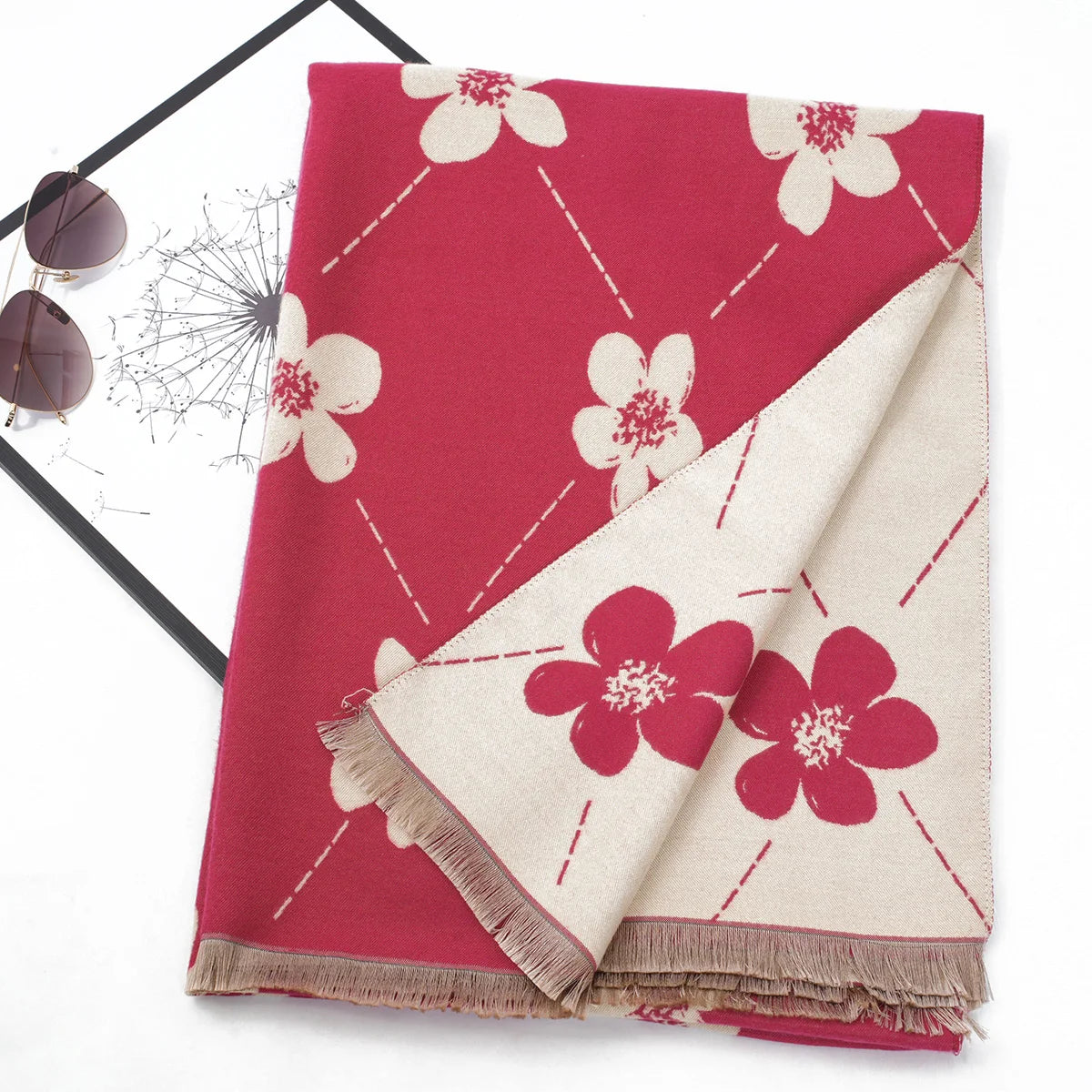 Hot selling imitation cashmere face dual color flower jacquard pashmina long style soft and warm casual short beard scarf shawl