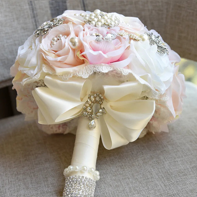 Tejesa Fancy 9.8in Bridal Wedding Bouquet with Crystal Pearl Artificial Silk Rose Flower Bouquet for Bride Wedding