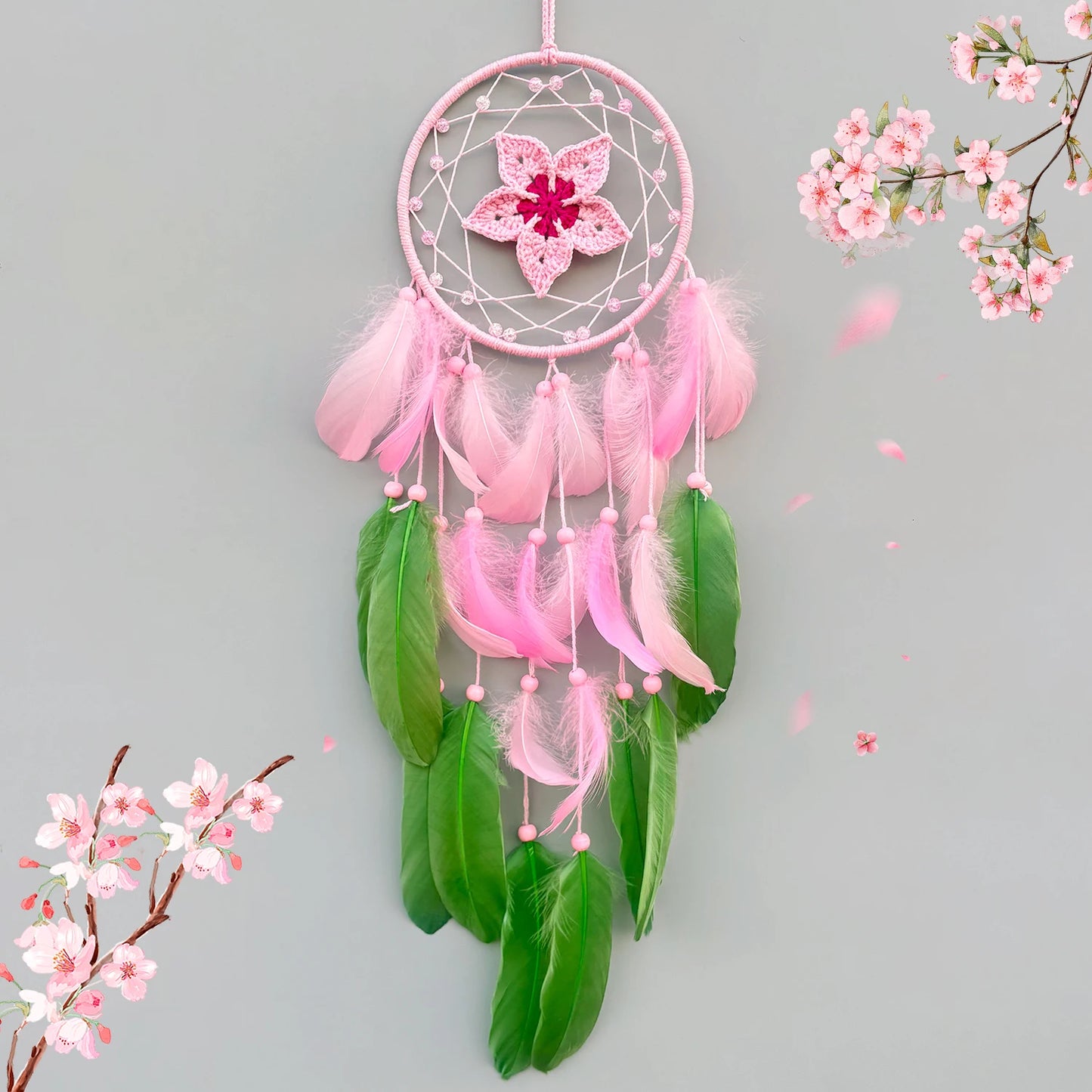 Tejesa Pink Flower Feathers Dream Catcher Window Hangings Ornaments Handmade Wind Chimes Home Decor For Girls Festival Gifts