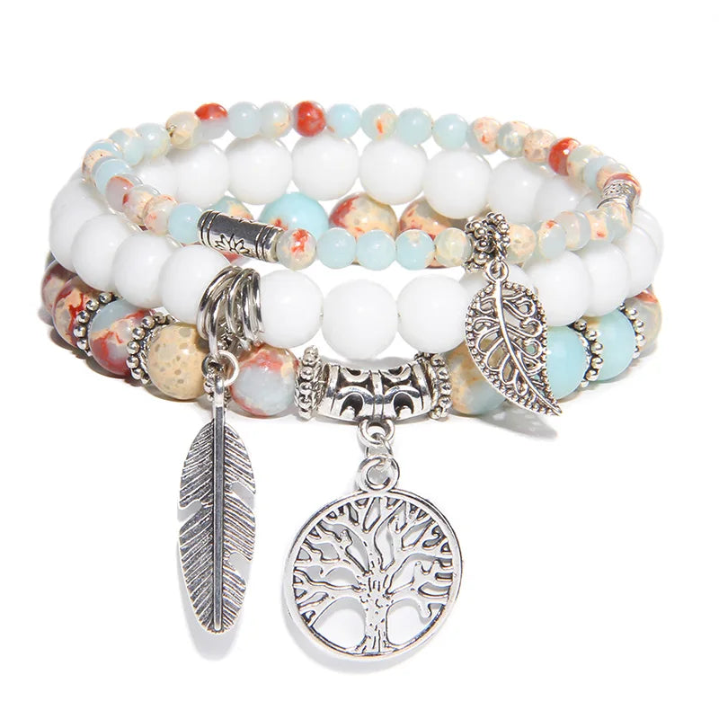3Pcs Tree of Life Pendant Beads Bracelet Natural Stone Tiger Eye Turquoises Labradorite Bracelets for Women Men Couples Jewelry
