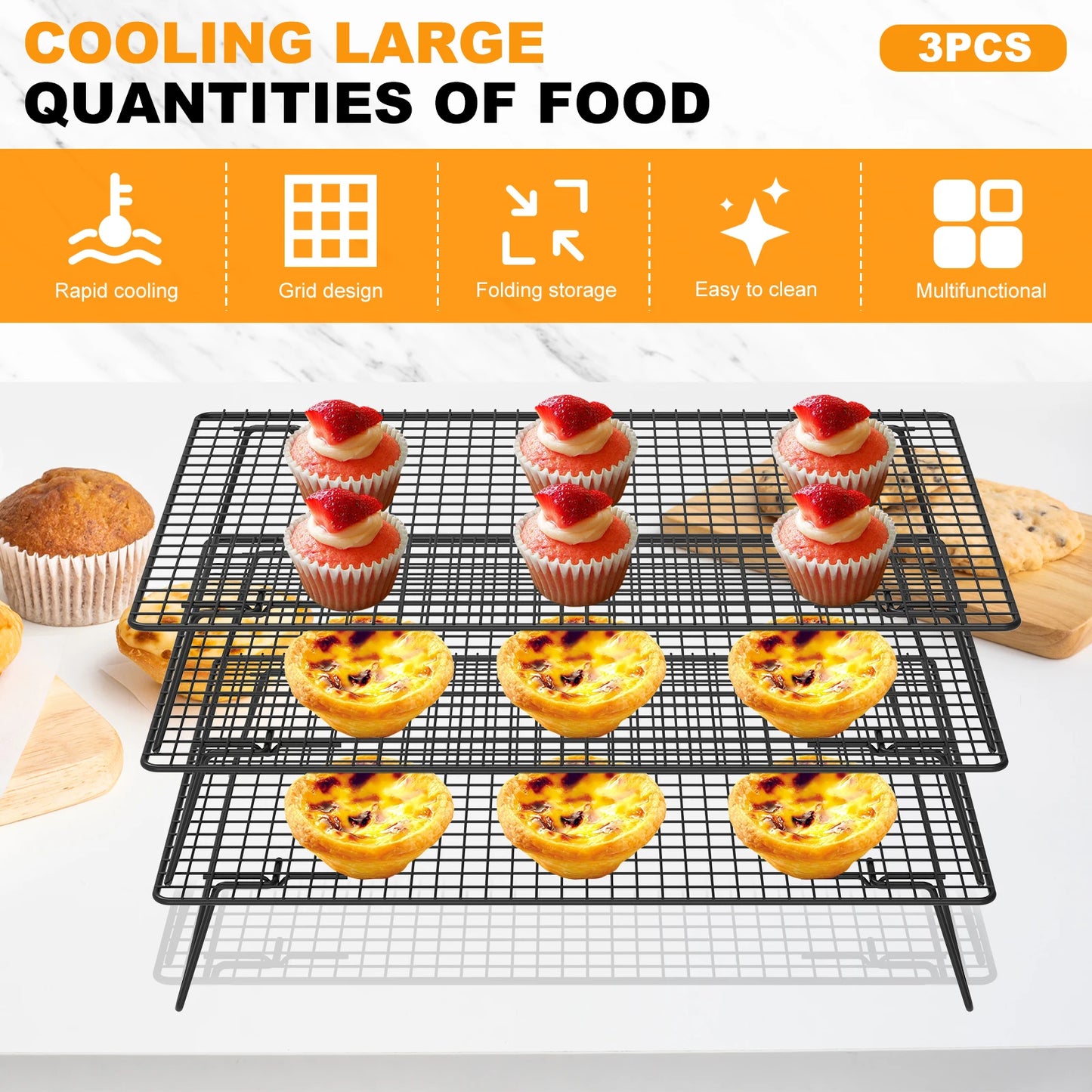 Tejesa 3/2Pcs Cooling Rack Stainless Steel Grid Baking Tray Non Stick Bread Cake Pizza Cooling Dry Rack Baking Pan Kitchen Accessories
