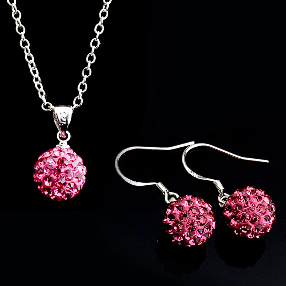 Brand Female Jewelry Set Women's Fashion Ab White Crystal 10mm Ball Drop Earrings Necklace Pendant Set Silver Color Wholesale