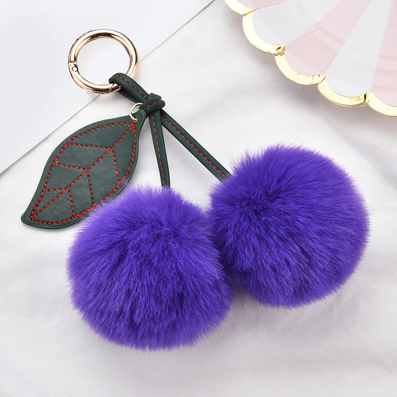 New Fashion Plush Cherry Keychains for Women Girls Fluffy Cartoon Rabbit Fur Ball Pompom Leaf Key Chains Rings Keyring Bag Gifts