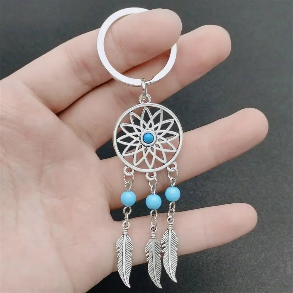 Dream Chaser Keychain Tassel Feather Pendant Keyring Beads Royal Blue Black Beads Charm Retro Car Key Chain Dream Chaser Gift