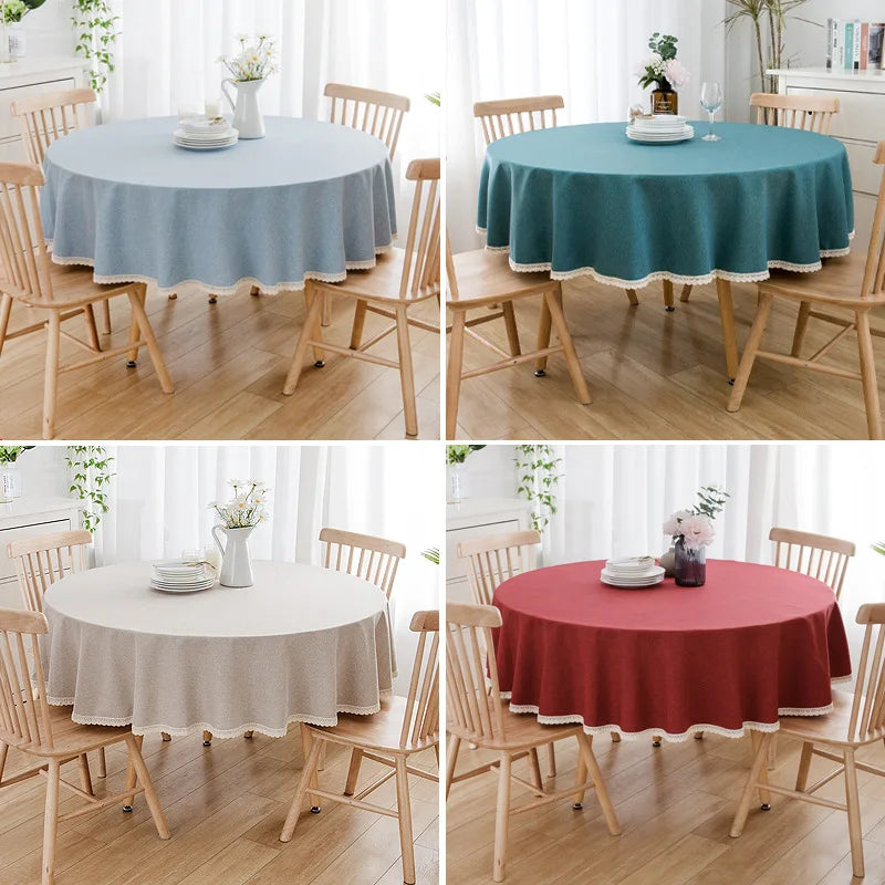 Tejesa Round Solid Color Faux Linen Tablecloth with Lace Trim-Waterproof/Spill Proof/Stain Resistant/Oil Proof-for Banquet,Parties