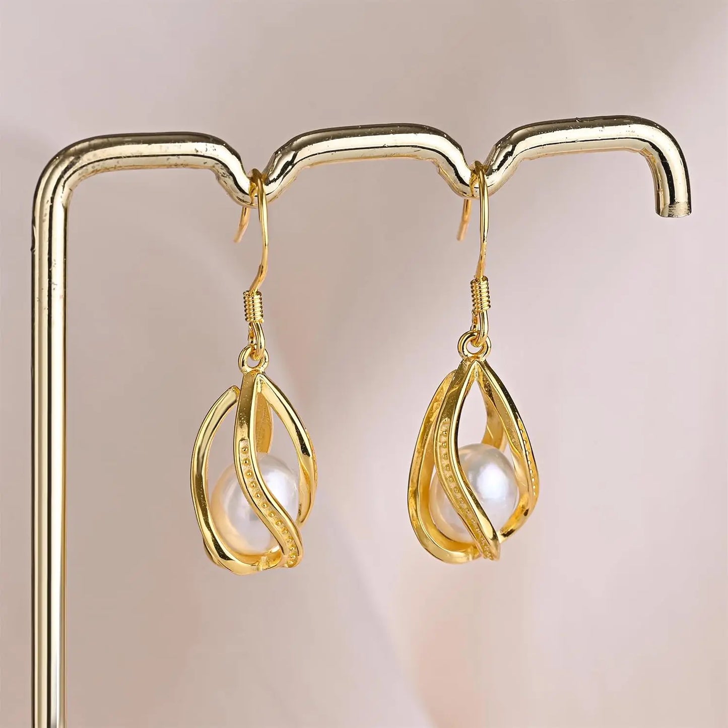YWYC Gold Color Chain Pendant Necklace 8-9mm Natural Freshwater Pearl in Cage Pendant & Drop Earrings Jewelry Set for Women