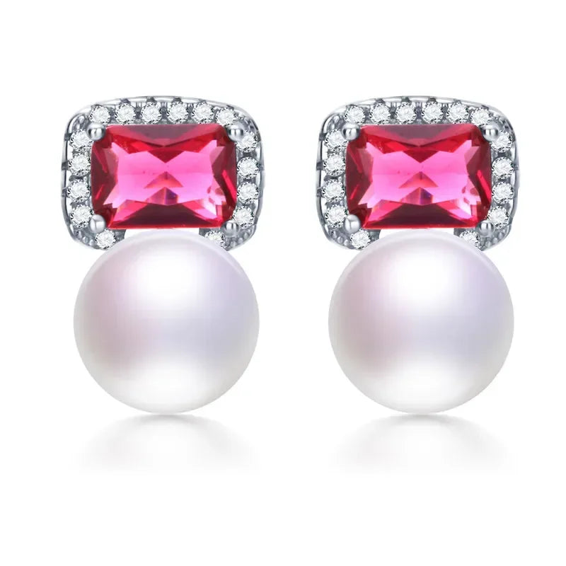 High Quality Red Zircon 925 Sterling Silver Earrings Jewelry 100% Genuine Natural Freshwater Pearl Stud Earrings for Women