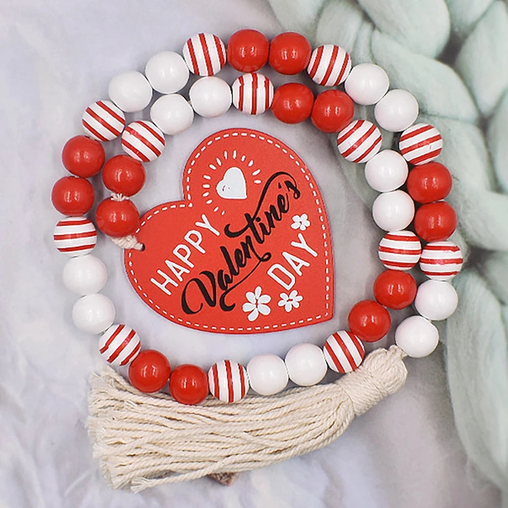 Freeship Sweet Love Wood Beads Garland Valentine’s Day Tiered Tray Decors Beaded Garland with Tassels Heart Shaped Pendant