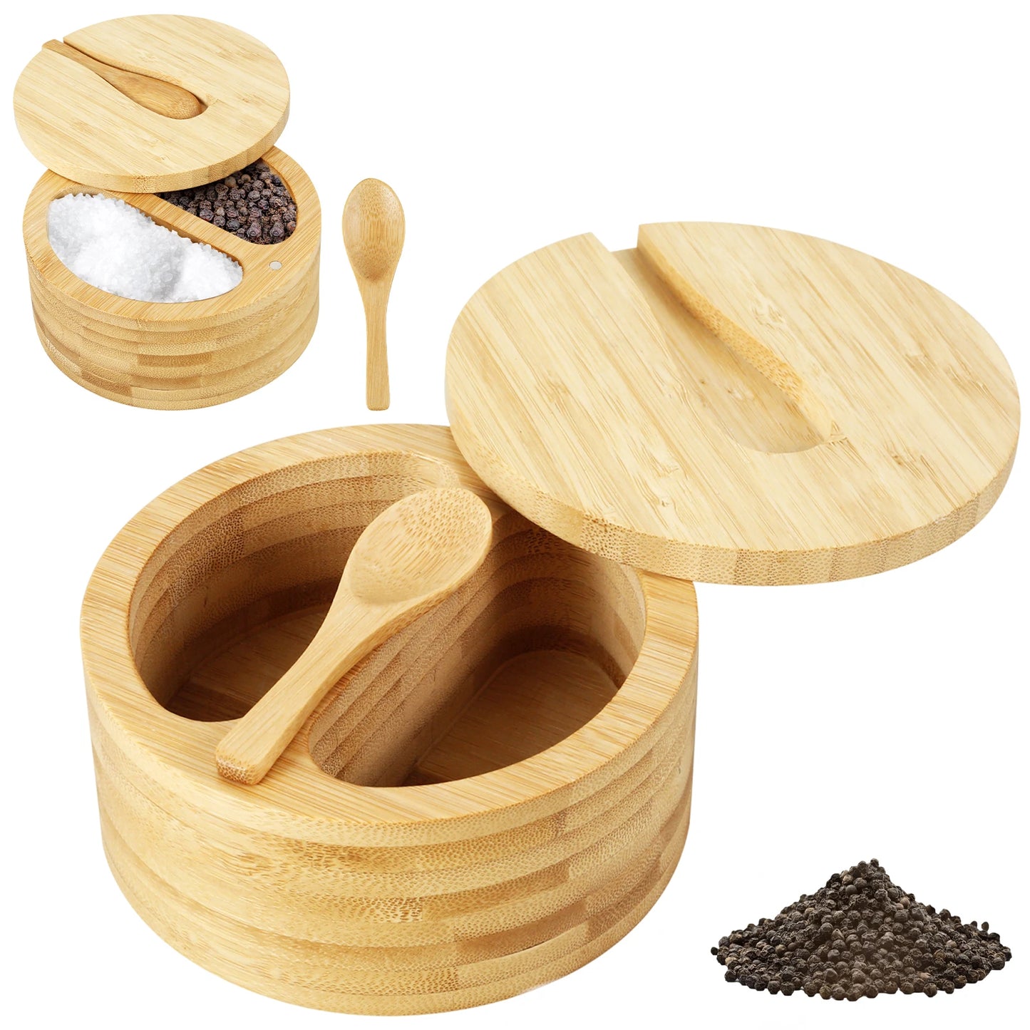 Tejesa 3Tier Salt Box Spice Jar Kitchen Seasoning Jar Bamboo Pepper Container Jar with Magnetic Lid Candy Earring Jewelry Salt Storage