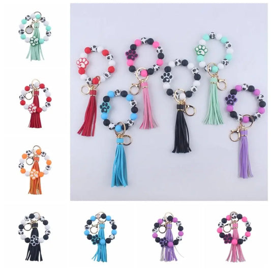 Creative Wristlet Keychain Portable Silicone Beaded Dog Claw Pendant Bracelet with Leather Tassel English Alphabet