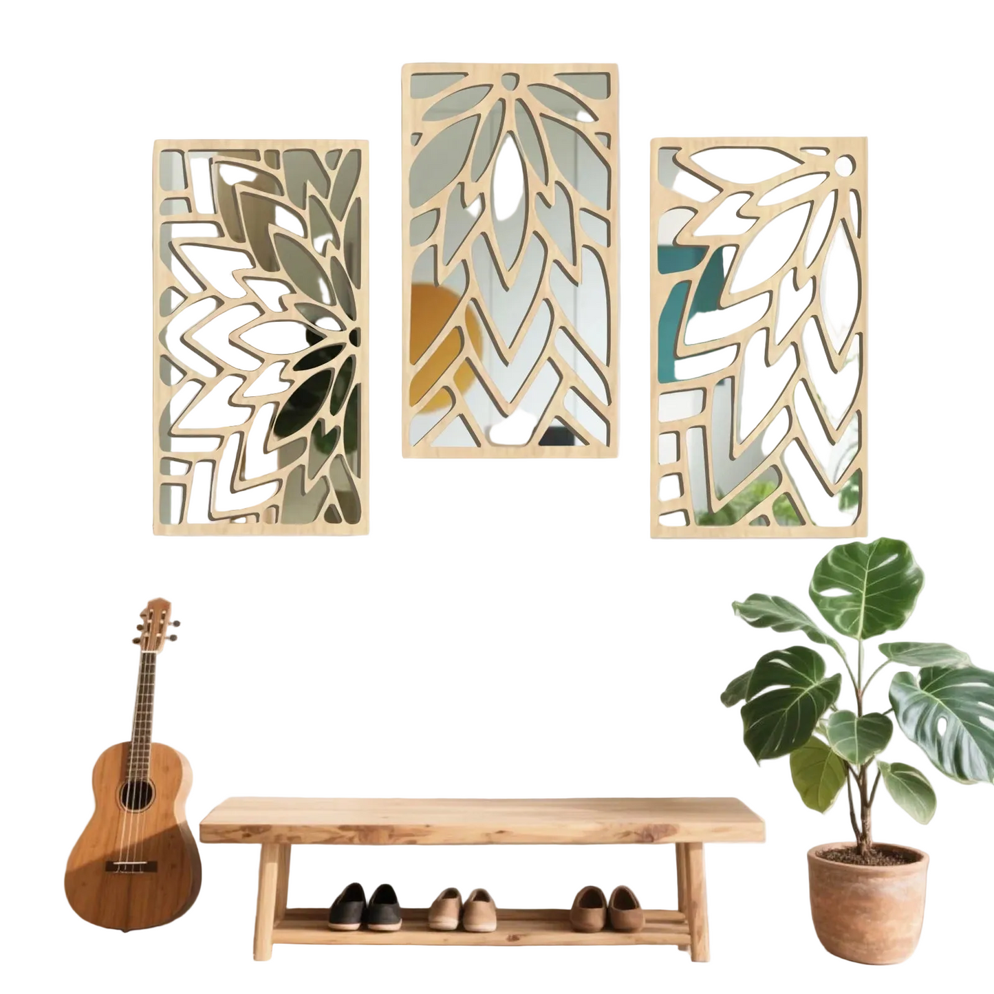Hemasa 3Pcs 2D 16in Wooden Acrylic Double-Layer Wall Mirror Hollow Leaf Design Refined Lifestyle Artistic Home Decorative Mirror