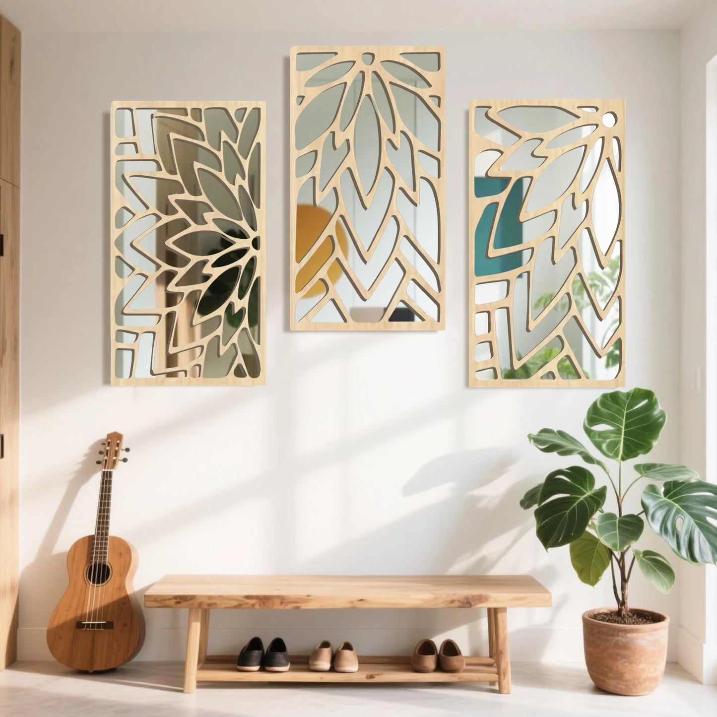 Hemasa 3Pcs 2D 16in Wooden Acrylic Double-Layer Wall Mirror Hollow Leaf Design Refined Lifestyle Artistic Home Decorative Mirror