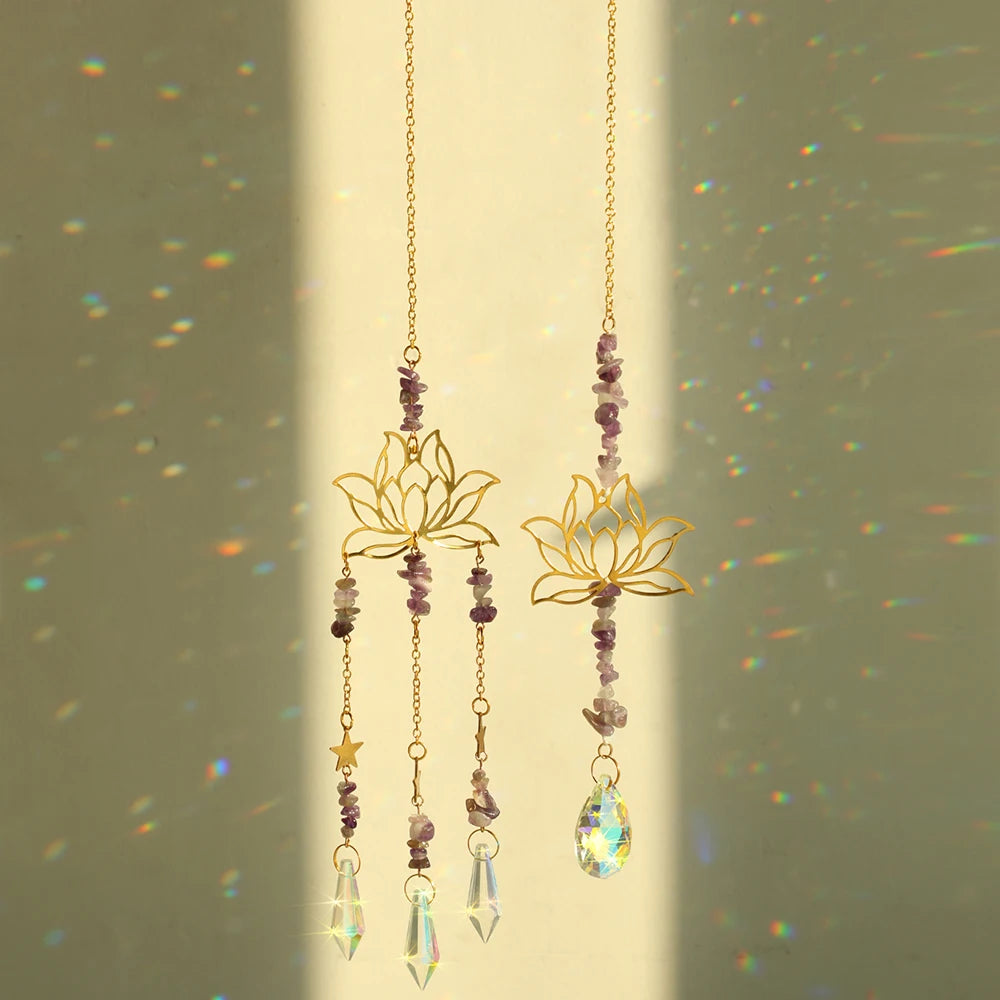 Hemasa 2Pcs Suncatcher Amethyst Lotus Decor Natural Stone Reiki Sun Catcher Window Crystal Prism
