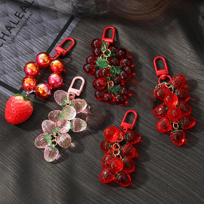 Hemasa 1PC Strawberry Cherry Red Beads Keychain Keyring For Women Girl Friend Simulated Fruit Bag Car Key Holder Airpods Box Jewelry