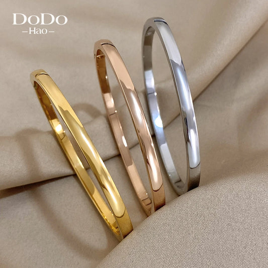 DODOHAO 1PC Classic Type Bassic Stainless Steel Slim Bracelets Bangles for Women Vintage Gold Color Solid Plain Bangles Jewelry
