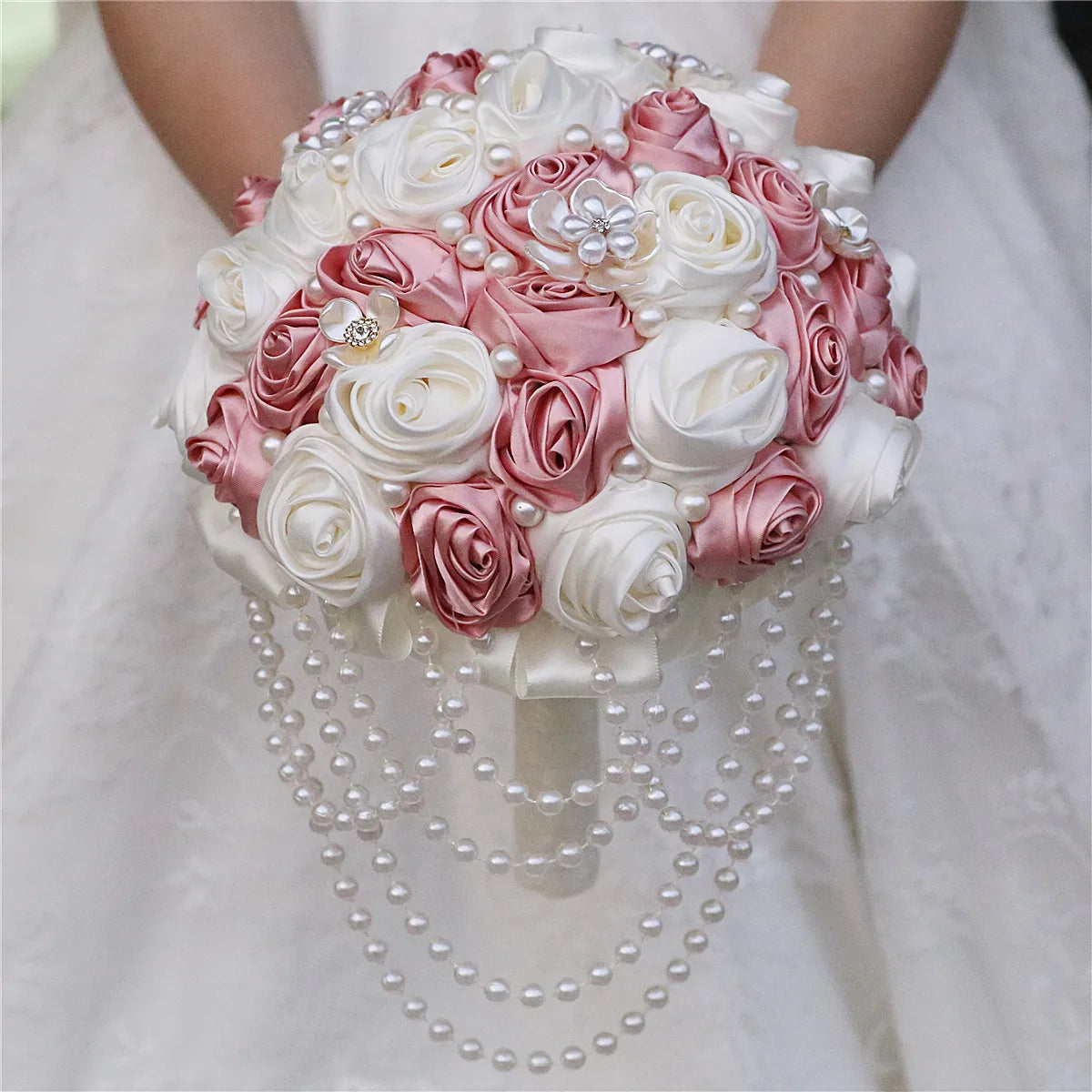 YeeNanee 8.6in Handcraft Creamy Rose Satin Rose Bridal Bouquet with Pearl Pendant for Bride Bridesmaid Wedding Quinceanera Decor