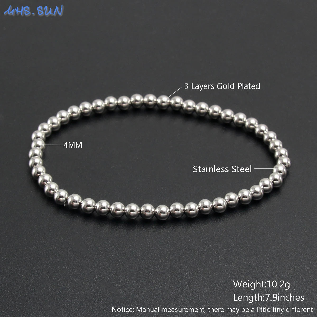 MHS.SUN Fashion Waterproof Smooth Stainless Steel Bracelets 2-10mm Elastic Beaded Gold Plated Stackable Bracelet Women Jewelry