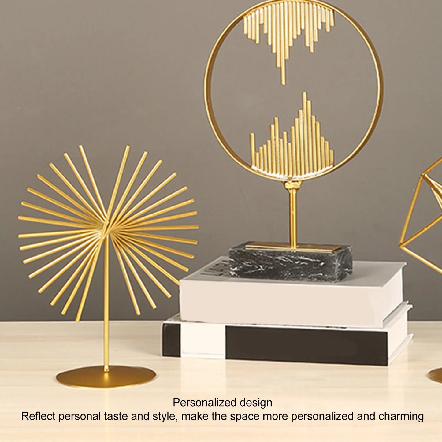 Hemasa Abstract Ornament Light Luxury Metal Geometric Lines Sculpture Decoration with Base for Home Livingroom Office