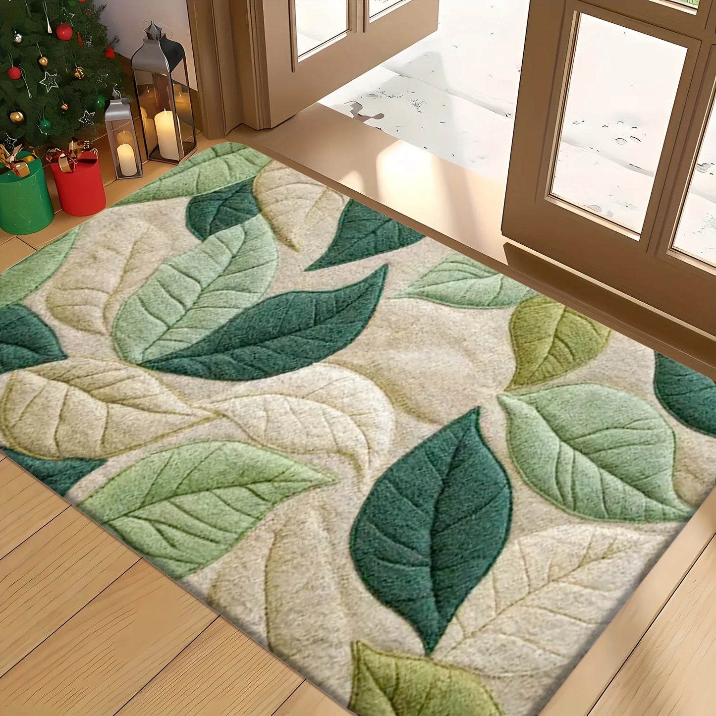Hemasa Green Leaf Pattern Bath Mat/Soft Flannel Non-Slip Rug/Kitchen/Entryway/Shower