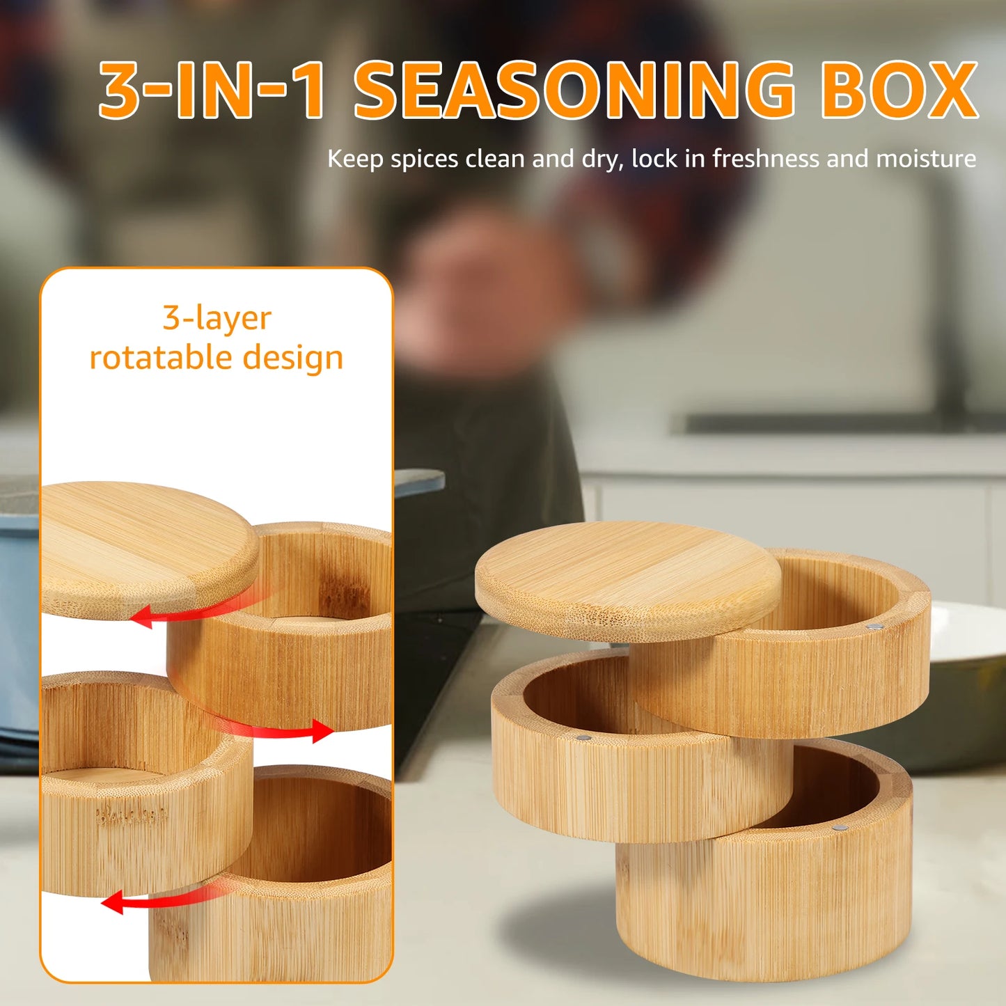 Tejesa 3Tier Salt Box Spice Jar Kitchen Seasoning Jar Bamboo Pepper Container Jar with Magnetic Lid Candy Earring Jewelry Salt Storage