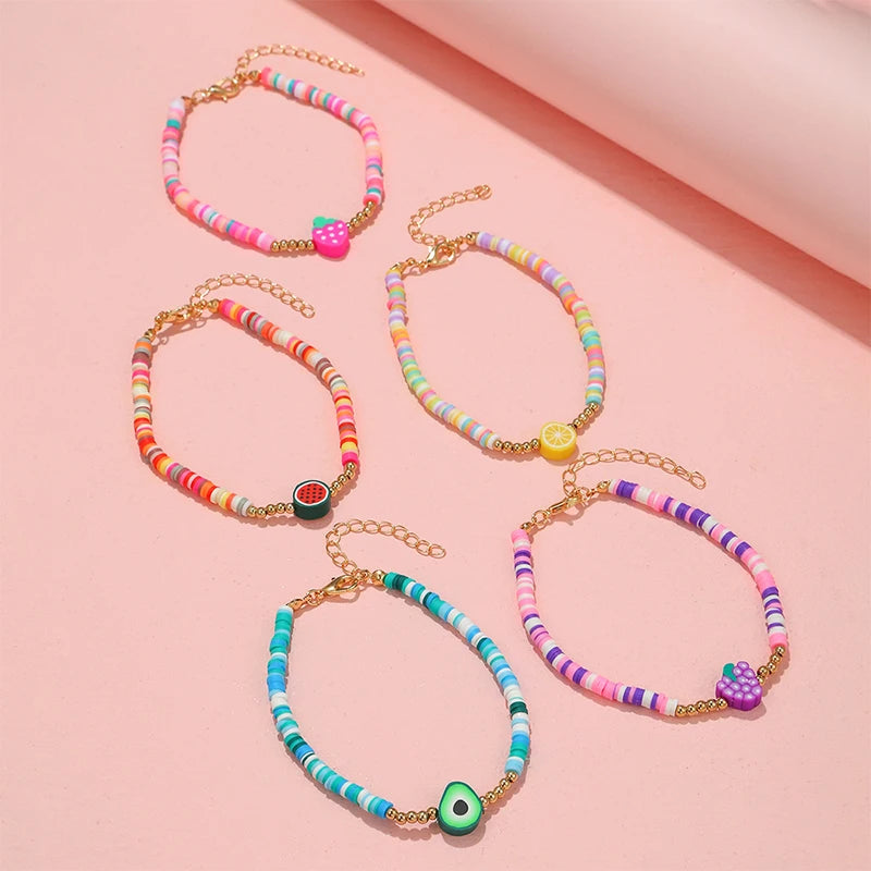 Hemasa 5Pcs/set Polymer Clay Fruit Charm Handmade Anklet for Teens Girls Women Bracelet Friendship Party Birthday Jewelry Gifts