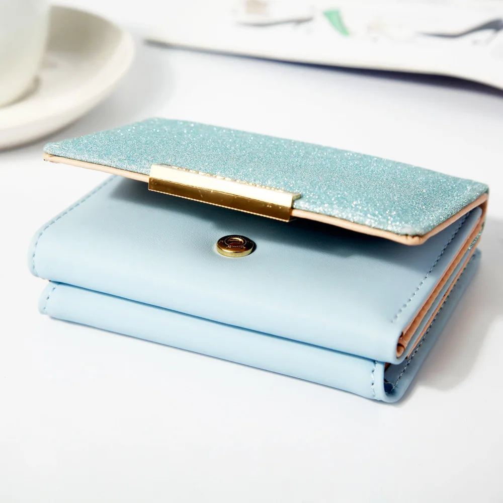 Hemasa Metal Buckle Ladies Bright Leather Fashion Purse,Women's Short Wallet, Small Shiny Leather Three Fold Leather Wallet